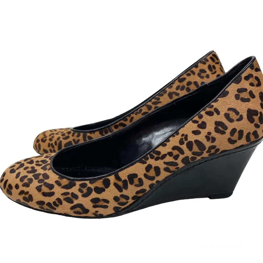 Franco Sarto Zeus Wedge Heels Animal Print Leopard Calf Hair Pumps Womens 8M